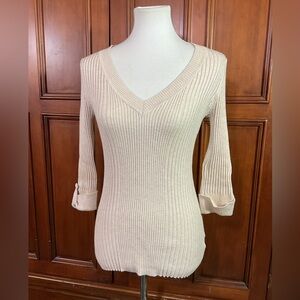 Pink Rose Women’s Beige 3/4 Tab Sleeve Size L Very Fitted Ribbed Sweater Lknw Vn